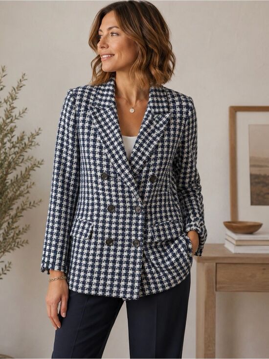 Elie Tahari Jackets & Blazers - Elie Tahari Blue And White Tweed Double Breasted Blazer Size 8